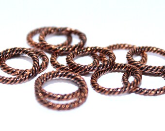 10 closed rings, connectors, twisted copper rings, blackened copper, 12 x 2 mm