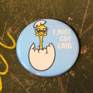 May include: A blue button with a yellow chick wearing sunglasses hatching out of an egg. The text on the button reads "I Just Got Laid".