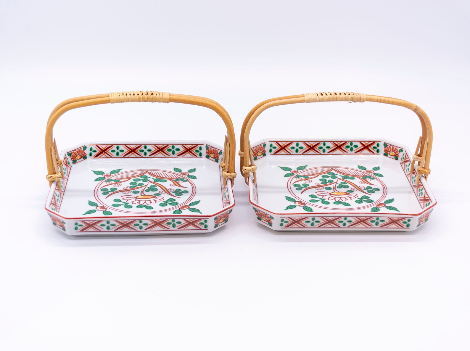 Two Japanese Serving Tray Porcelain With Bamboo Handle Etsy