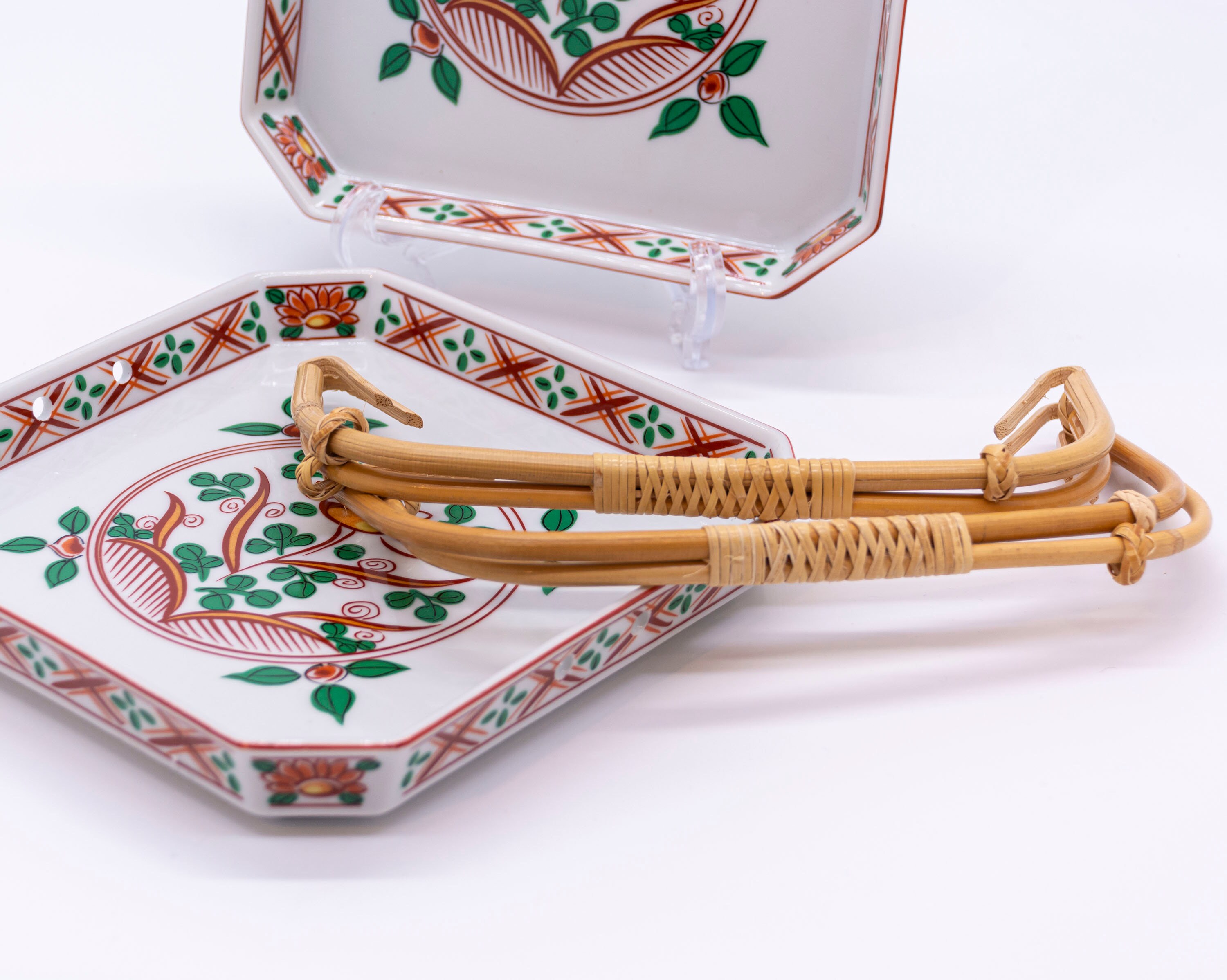 Two Japanese serving tray Porcelain with bamboo handle Etsy