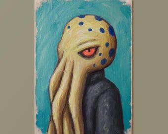 Innsmouth Citizen: ACEO Original Weird Tiny Painting, Octopus Kraken Vintage Lovecraft Cthulhu Nautical Art
