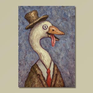 Sr. Ganso Tonto - Pintura original extraña de Tini ACEO, gansos blancos, artista forastero victoriano, tarjeta coleccionable, arte de pato, decoración moderna de granja