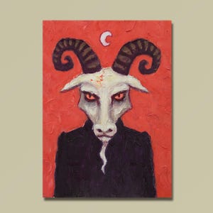 ACEO ホワイトゴート オリジナル 小さな手描き ビクトリア朝 ヴィンテージ 悪魔的 オカルト 儀式 角のある動物 中世 奇妙な絵画 アーティスト トレーディングカード