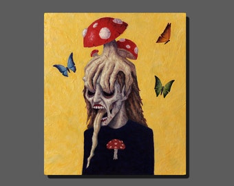 Mushroom zombie - Original Oil Psychedelic Painting Amanita Weird Fly Agaric Butterfly Spooky Creepy Yellow Painting Death Trippy Art