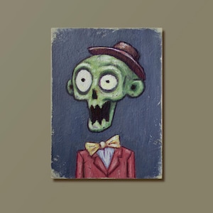 ACEO - Caballero victoriano muerto, divertido, retro, zombi, pintura original, retrato post mortem vintage extraño, divertido y peculiar, tarjeta coleccionable de artista