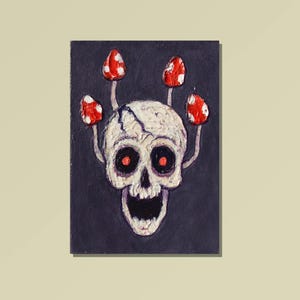 ACEO Cráneo con hongos Pintura de calavera antigua original Extraño Muerto Extraño Espeluznante Psicológico Otoño Amanita muscaria Artista Tarjeta coleccionable Gótico oscuro
