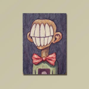 ACEO - Diente original de niño extraño, pequeño cuadro, extraño, divertido, extraño, humor, retrato espeluznante, arte retro, tarjeta coleccionable, idea de regalo para dentistas