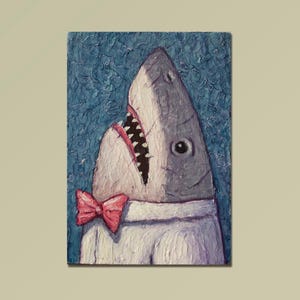 ACEO Mr. Shark 面白いオリジナルアクリルテクスチャーの奇妙な絵画 海事のプレゼント 自然 海 海の生き物 水中動物 手描きアート