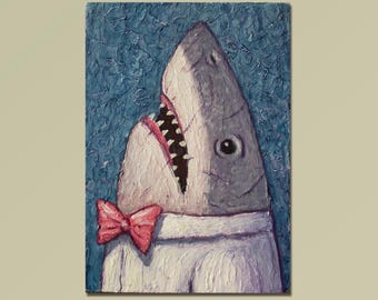Mr. Shark: Funny ACEO Original Acrylic Textured Weird Painting, Nautical Animal, Ocean Sea Life