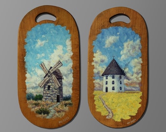 Two Paintings of Windmills on Cutting Board, Original Oil Painting, Old Wood, Home Decor, Rustic decor, Reclaimed Wood, Summer Painting, Art