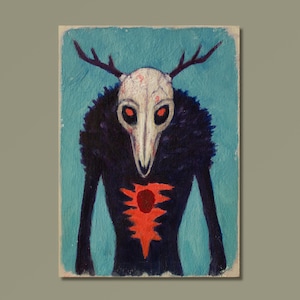 ACEO Wendigo - Pintura de calavera original y extraña, arte de pared peculiar, corazón, bosque oscuro, folclore, criatura, ritual vintage, pintado a mano, cuernos espeluznantes, regalo