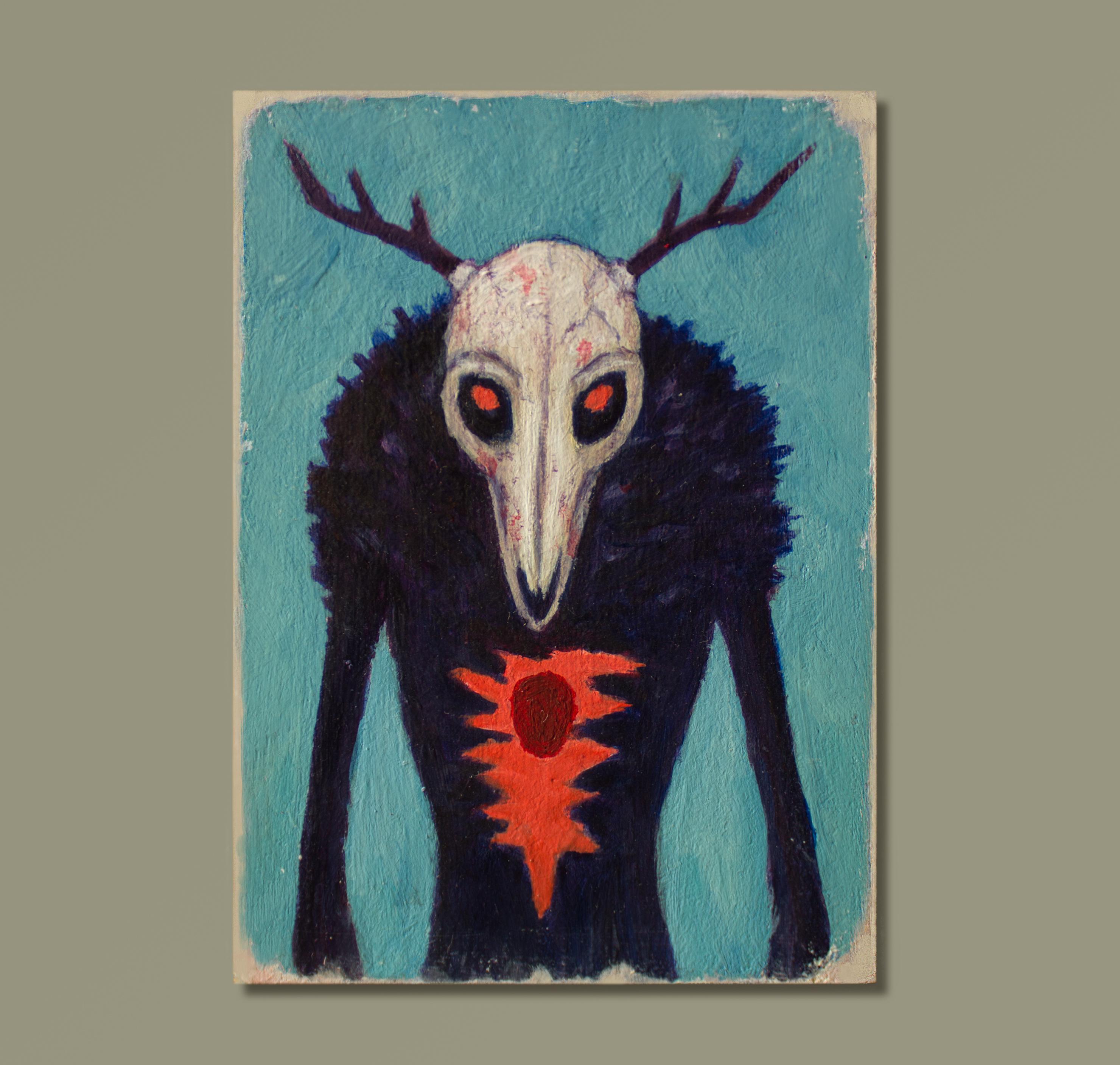 Wendigo: ACEO Original Horror Painting, Gothic Creepy Horns, Mythology Artwork, Halloween Haunted Forest