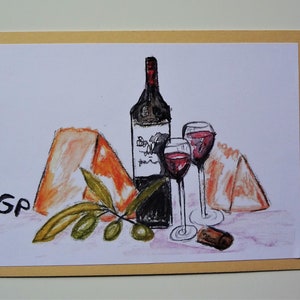 Grußkarte Aquarell Papierdruck Color Wein und Käse