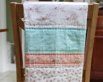Crib Quilt Handmade, Bird Quilt, Toddler Quilt, Baby Quilt, Peach Nursery, Bedding, Girl Quilt,  Baby Bird Nursery, Modern Baby Quilt,