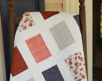 Moderne Bos, Vos, Baby Quilt Handgemaakt, Baby Jongen, Moderne Quilt, Kwekerij Decor, Outdoor Avontuur, Baby Deken