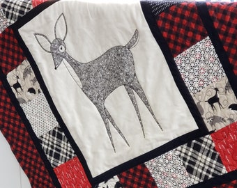 Deer Quilt, Woodland Friends, Modern Baby Quilt, Black and White, Baby Shower, Woodland Decor, Red Plaid, Farmhouse