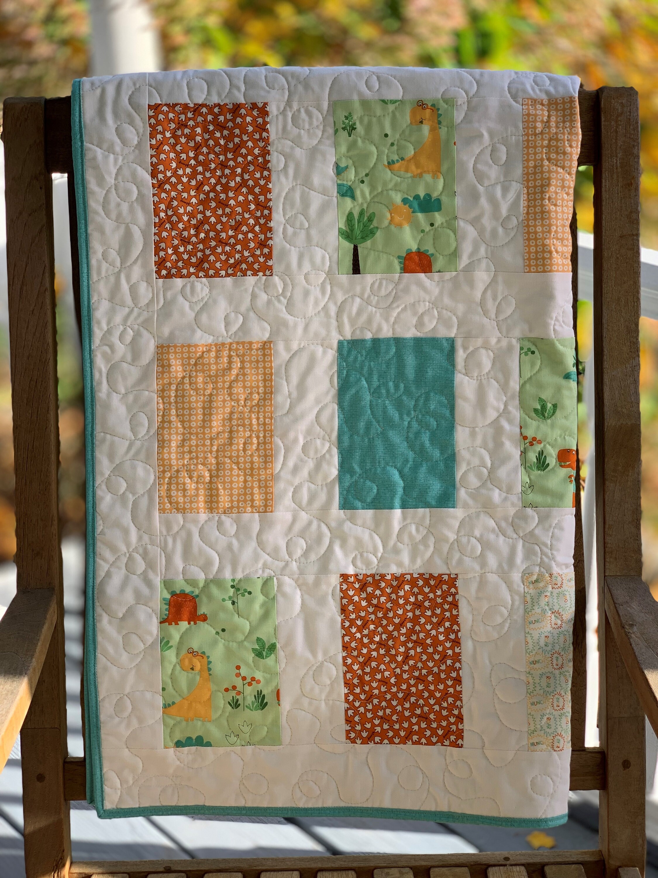 Handmade Modern Dinosaur Baby Quilt, Handmade Farmhouse Quilt, Toddler