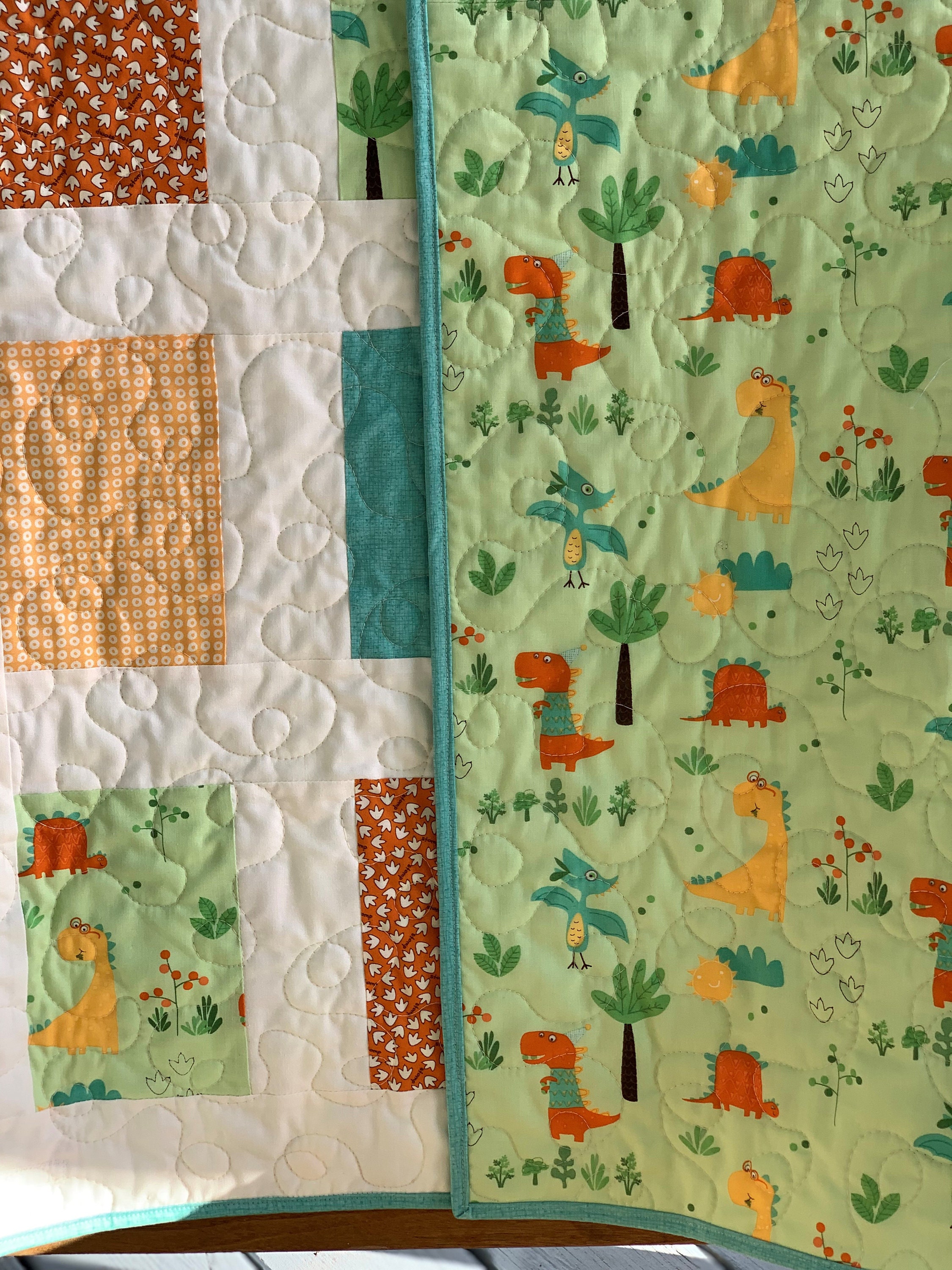 Handmade Modern Dinosaur Baby Quilt, Handmade Farmhouse Quilt, Toddler