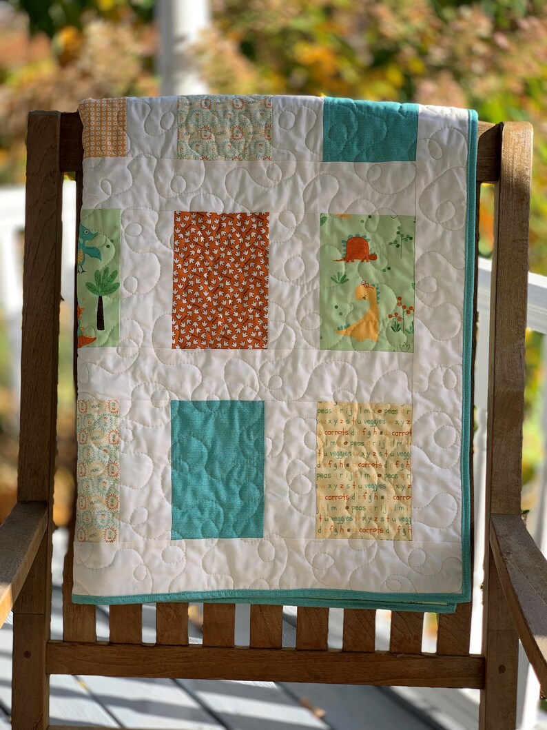 Handmade Modern Dinosaur Baby Quilt, Handmade Farmhouse Quilt, Toddler