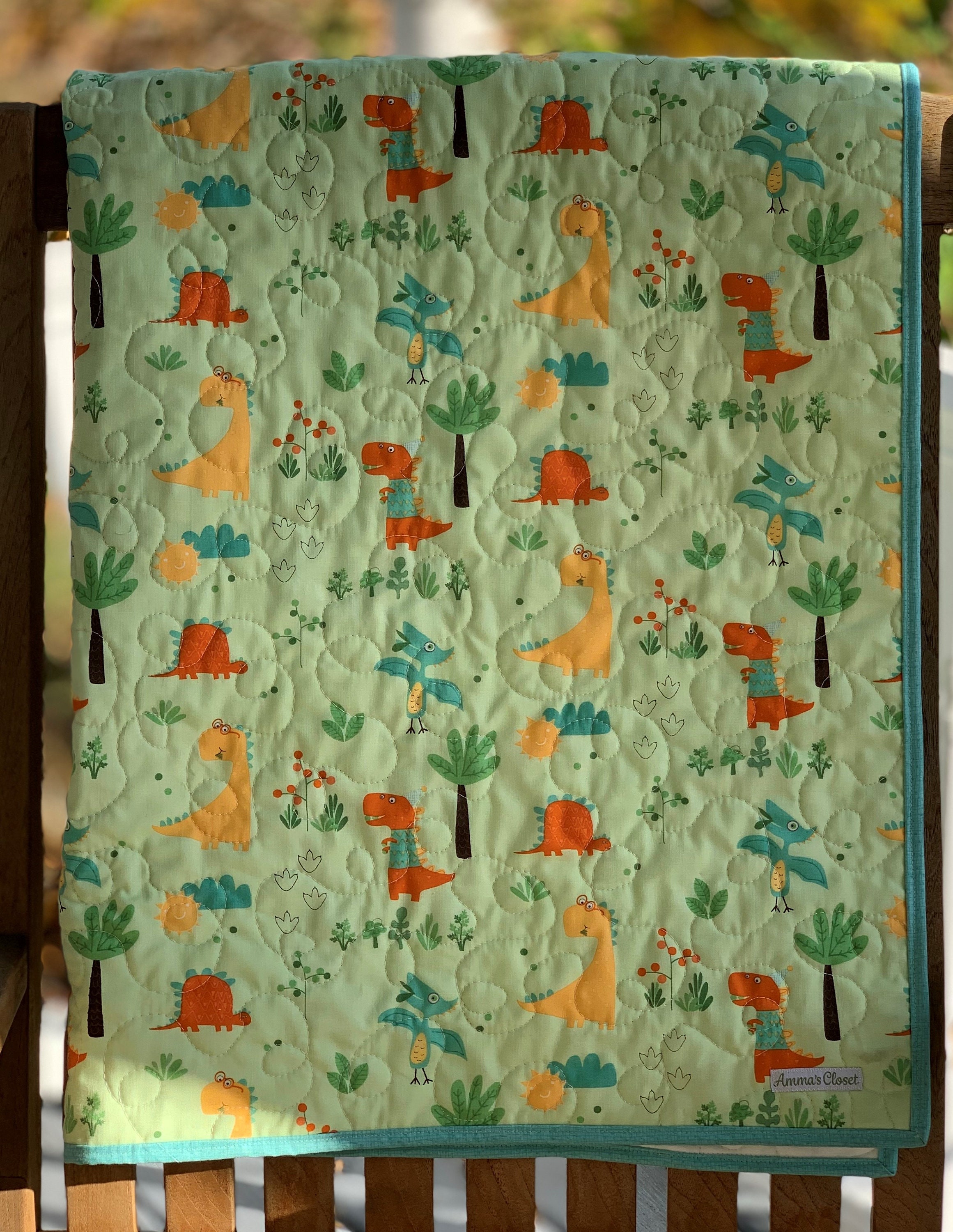 Handmade Modern Dinosaur Baby Quilt, Handmade Farmhouse Quilt, Toddler