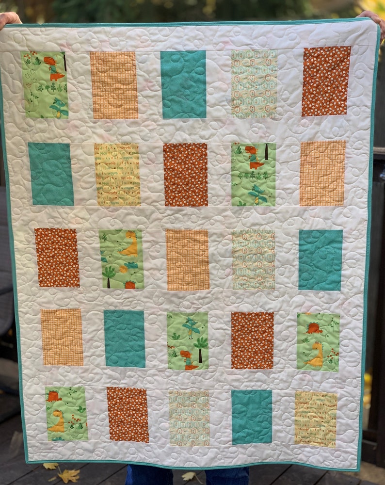 Handmade Modern Dinosaur Baby Quilt, Handmade Farmhouse Quilt, Toddler
