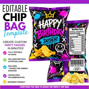 Puede incluir: Una plantilla editable para bolsa de patatas con fondo negro, salpicaduras de pintura neón, una corona amarilla y el texto Happy Birthday Jayden. El diseño incluye una etiqueta de información nutricional y un código de barras con Thank You For Coming.