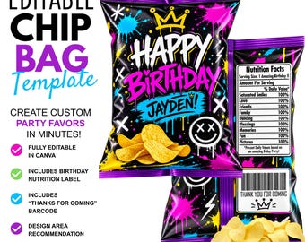 Editable Chip Bag Template, Canva DIY Party Favor, Nutrition Label & Barcode