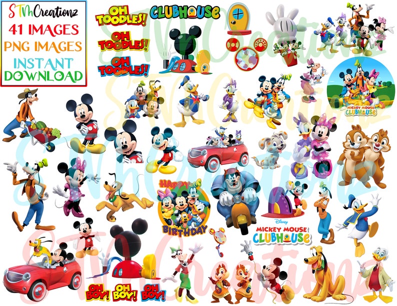 Peut inclure: Un ensemble de 41 images num&eacute;riques repr&eacute;sentant les personnages de Mickey Mouse Clubhouse. Les images incluent Mickey Mouse, Minnie Mouse, Donald Duck, Dingo, Pluto et bien d'autres. Les images sont au format PNG et sont parfaites pour l'artisanat, le scrapbooking et autres projets cr&eacute;atifs.