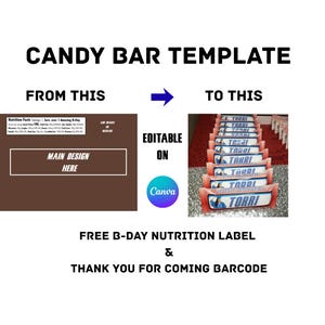 May include: A candy bar template graphic with the text "Candy Bar Template". The image shows a before and after concept, with a brown candy bar wrapper design and a stack of personalized candy bars with the name "Torri".