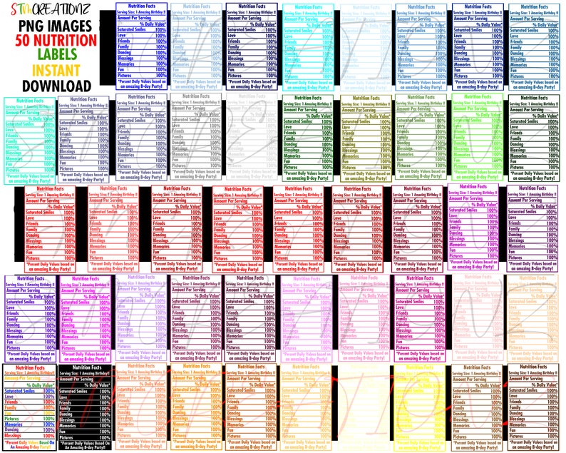 Pu&ograve; includere: Una raccolta di 50 immagini PNG di etichette nutrizionali in vari colori. Le etichette presentano testo come "Nutrition Facts" e "Serving Size 1 Amazing Birthday". Il testo "Instant Download" &egrave; anch'esso visibile.