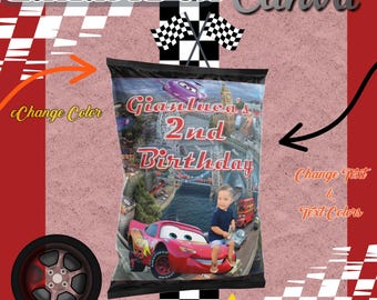 Modelo de saco de batatas fritas para aniversário do Carros | Embalagem editável no Canva | Lembrancinha de festa do Relâmpago McQueen | Faça você mesmo para imprimir | Download instantâneo