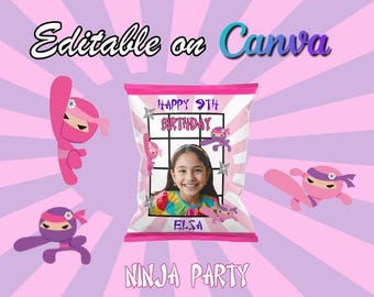 Pink Ninja Girl Birthday Chip Bag: Editable Party Favor (Digital Download)