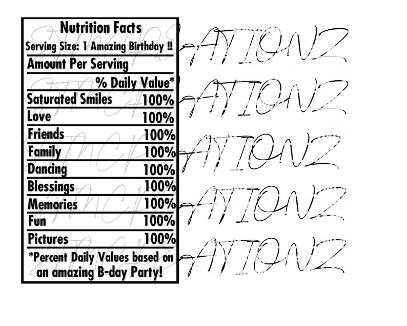 Pu&ograve; includere: Grafica in bianco e nero con le parole "Nutrition Facts". Il testo elenca "Saturated Smiles", "Love", "Friends", "Family", "Dancing", "Blessings", "Memories", "Fun" e "Pictures" con valori del 100%.