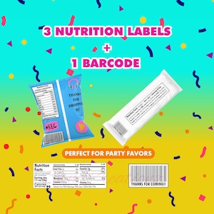 Op de afbeelding: Een afbeelding met drie voedingsetiketten en een barcode, met de tekst "3 Voedingsetiketten + 1 Barcode". Een blauwe zak met "Bedankt voor het langskomen!" en een witte verpakking met een barcode zijn ook zichtbaar.