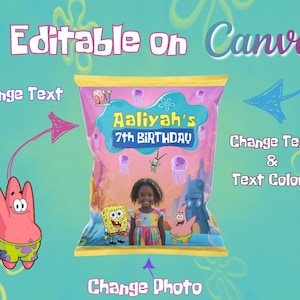 Könnte beinhalten: Ein rosa und gelbes Chipstüten-Design mit dem Text "Aaliyah's 7th Birthday". Das Design enthält Zeichentrickfiguren und die Wörter "Editable on Canva", "Change Text" und "Change Photo".