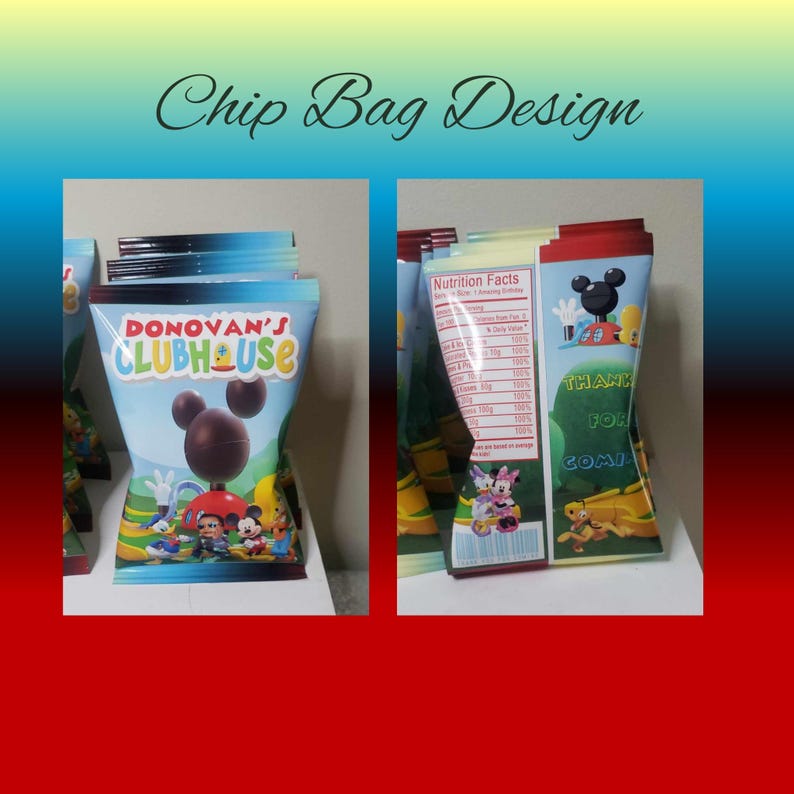 Peut inclure: Un paquet de chips avec un th&egrave;me Mickey Mouse Clubhouse. Les sacs sont rouges, bleus et jaunes avec des images de Mickey Mouse, Minnie Mouse, Donald Duck et Dingo. Le texte sur les sacs indique "Donovan's Clubhouse".