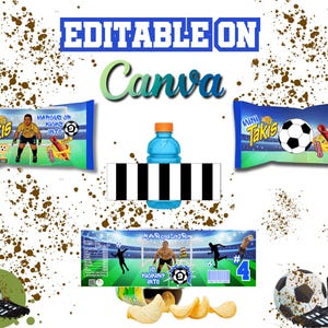 May include: A graphic design featuring a blue sports drink bottle, two bags of Mini Takis, and a soccer ball. The design includes the text "EDITABLE ON Canva" and "MARCUS JR KICKS INTO". The color scheme is blue, green, and white.