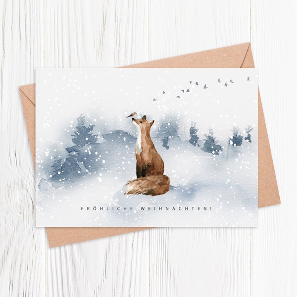 Weihnachtskarte, Klappkarte, Weihnachtspostkarte, Postkarte, Weihnachten, Karte, Wünsche, Grüße, xmas, Christmas, love, Fuchs, Vogel