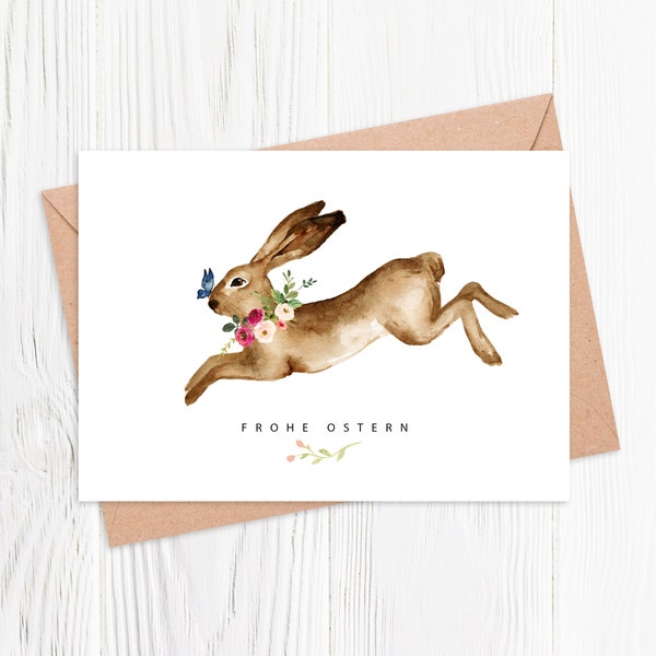 Postkarte Ostern, Osterkarte, Frohe Ostern Karte, Grüße, Hase, Schmetterling, persönliche Ostergrüße verschicken, Ostergeschenke, Aquarell