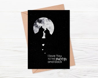 Postkarte zum Valentinstag, Karte, Grüße, Liebe, Verliebte, Katze, Katze verliebt, Mond, Galaxy, Sterne, i love you to the moon and back