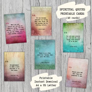 May include: A collection of printable spiritual quote cards with various quotes on a wooden background. The cards feature quotes with the author's name and are in different colors. The text "SPIRITUAL QUOTES PRINTABLE CARDS (48 cards)" is also visible.