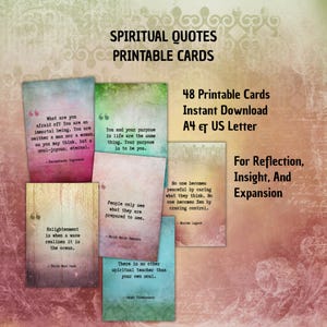 Op de afbeelding: Een verzameling van 48 printbare kaarten met spirituele citaten op aquarelachtergronden. De tekst bevat: SPIRITUAL QUOTES PRINTABLE CARDS, 48 Printable Cards Instant Download A4 et US Letter, For Reflection, Insight, And Expansion.