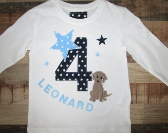 Shirt Stern Hund Geburtstagsshirt Zahl 1,2,3,4,5,6,7,8 Geburtstag Langarmshirt Kinder Jungen Name