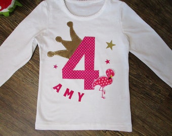 Shirt  Geburtstagsshirt  mit Zahl 1 2 3 4 5 6 7 8 9 10 NAME Krone GOLD FLAMINGO Wunschzahl Geburtstag für Mädchen Kinder Glitzer