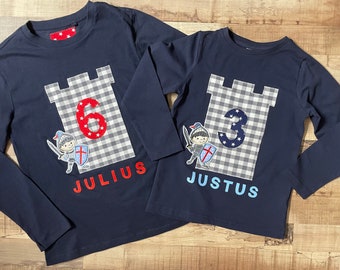 Shirt mit RITTER Langarm Shirt Geburtstagsshirt Wunschzahl Ritterburg Shirt für Jungen Kinder Jungen Geburtstag Zahl 1,2,3,4,5,6,7,8,9