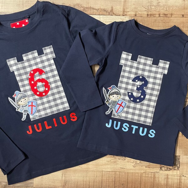 Shirt mit RITTER Langarm Shirt Geburtstagsshirt Wunschzahl Ritterburg Shirt für Jungen Kinder Jungen Geburtstag Zahl 1,2,3,4,5,6,7,8,9