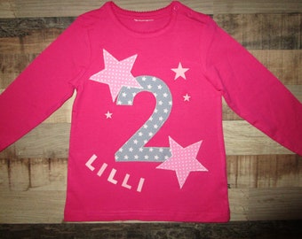 Geburtstagsshirt mit Sternen , Wunschzahl und Namen pink Shirt für Mädchen zum Geburtstag 1 2 3 4 5 6 7 8 9 10 Sterne Shirt zum Geburtstag