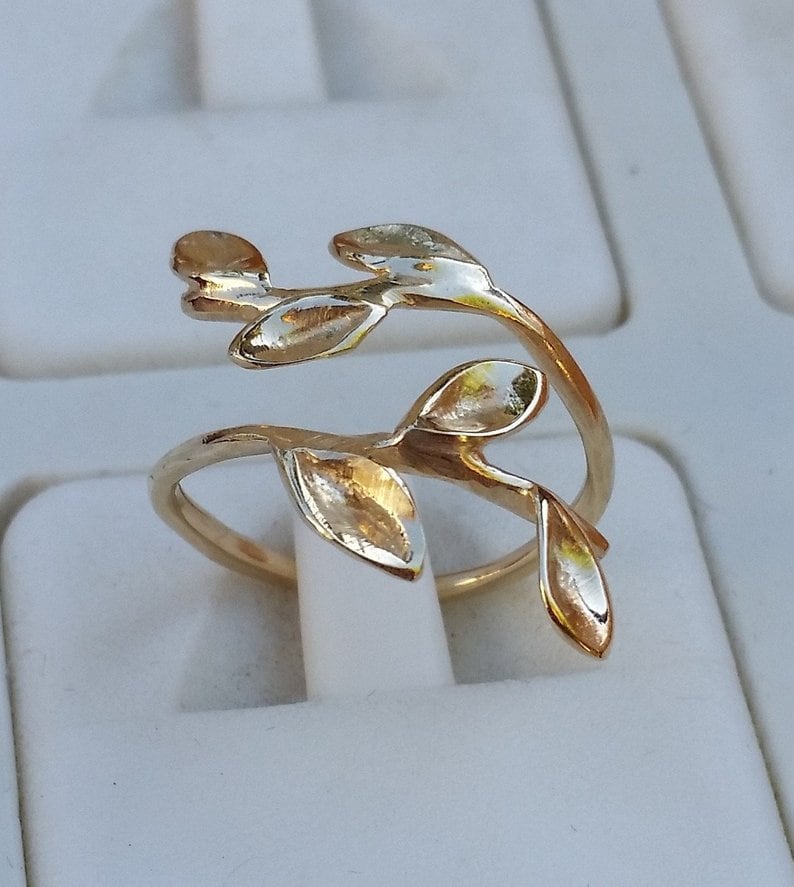 14K Yellow Gold Open Ring Friendship Ring Handmade Gold Ring Stackable Gold Ring Adjustable Gold Ring Leaf Gold Ring