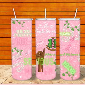 May include: Three pink and green tumblers with glitter and pearl accents. The tumblers feature the text "Oh So Pretty 1908", "It's the 20 Pearls for me! Smile", and "Original Skee Wee 1908".