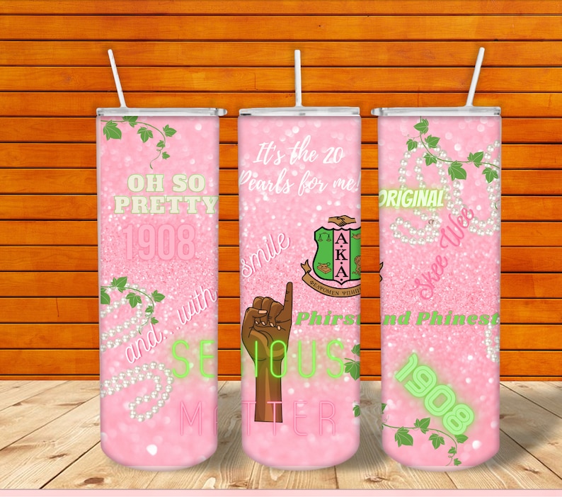May include: Three pink and green tumblers with glitter and pearl accents. The tumblers feature the text "Oh So Pretty 1908", "It's the 20 Pearls for me! Smile", and "Original Skee Wee 1908".
